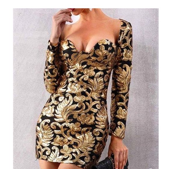 RARE HOUSE OF CB 'Silvaja' Black and Gold Velvet Sequined Mini Dress NWOT - Picture 1 of 8